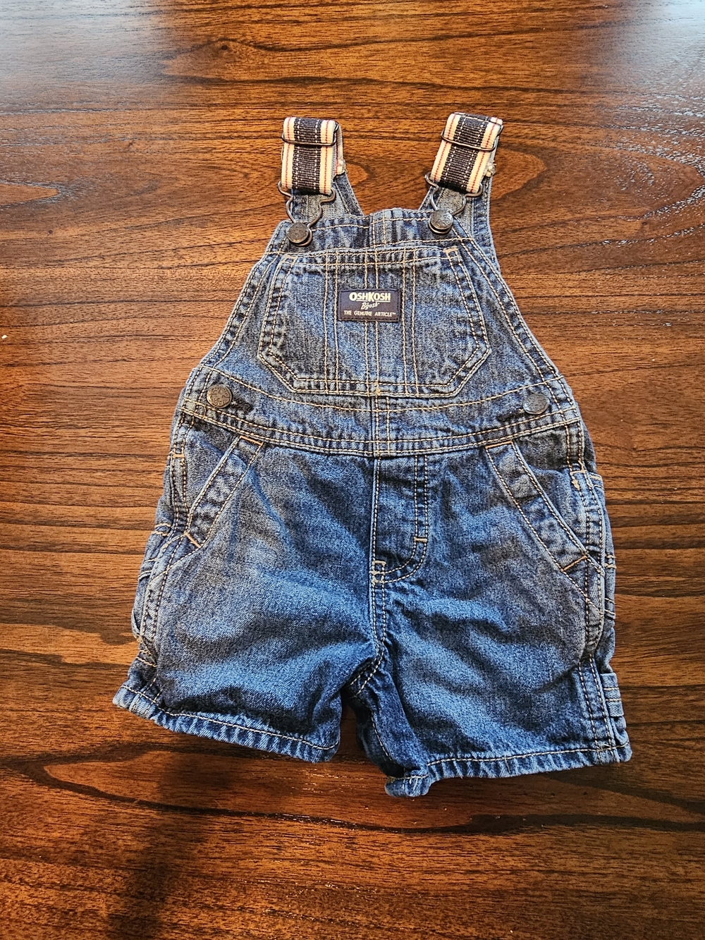 OshKosh B'gosh Denim Shortall Overalls in Blue with Striped Straps
